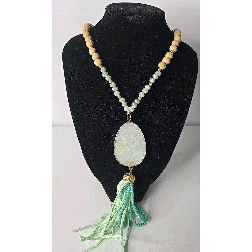 Riah Fashion Natural Stone Tassel Pendant Necklace Boho‎ Mint Green